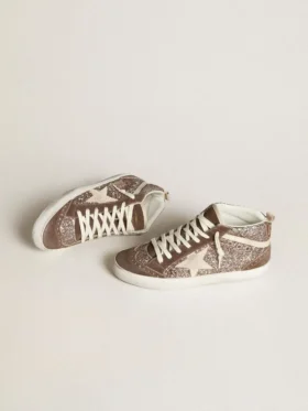 Mid Star da donna in versione glitterata con stella in pelle scamosciata perlata e inserti in pelle scamosciata marrone