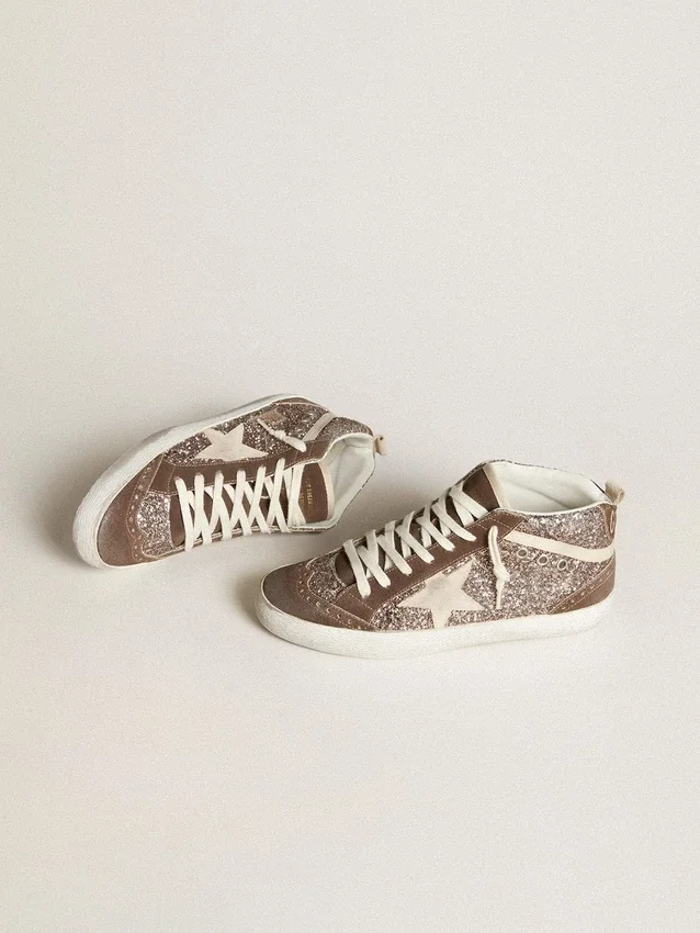 Mid Star da donna in versione glitterata con stella in pelle scamosciata perlata e inserti in pelle scamosciata marrone