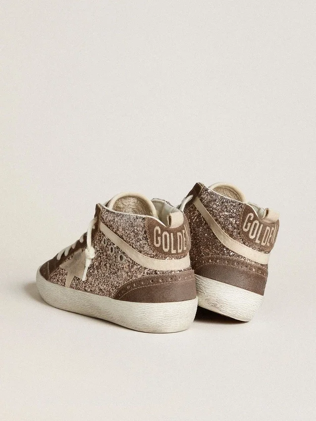 Mid Star da donna in versione glitterata con stella in pelle scamosciata perlata e inserti in pelle scamosciata marrone