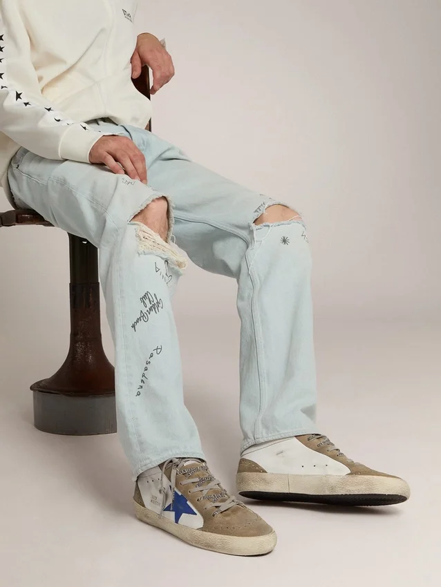 Mid Star da uomo con stella in pelle blu e inserti in pelle scamosciata grigio tortora