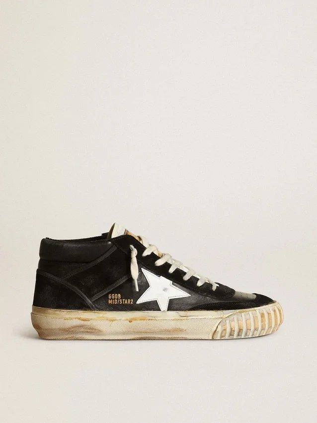 Mid Star da uomo in nappa nera e pelle scamosciata con stella in pelle bianca