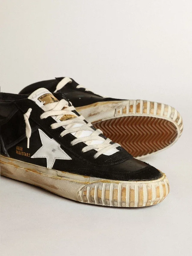 Mid Star da uomo in nappa nera e pelle scamosciata con stella in pelle bianca