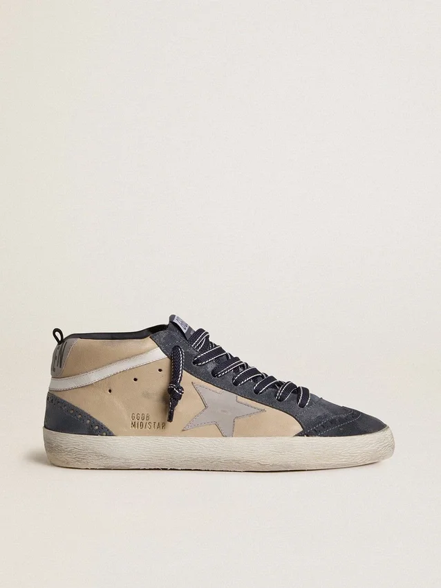 Mid Star da uomo in pelle scamosciata beige e blu con stella in nappa grigia e inserto in pelle bianca