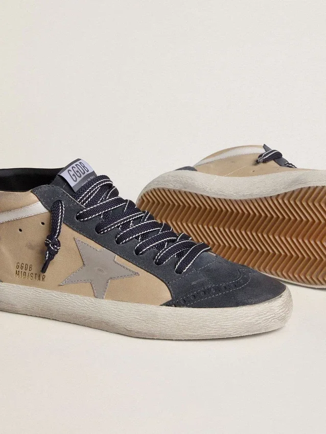 Mid Star da uomo in pelle scamosciata beige e blu con stella in nappa grigia e inserto in pelle bianca