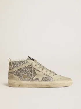 Mid Star in glitter argento con stella e striscia in pelle scamosciata grigio ghiaccio
