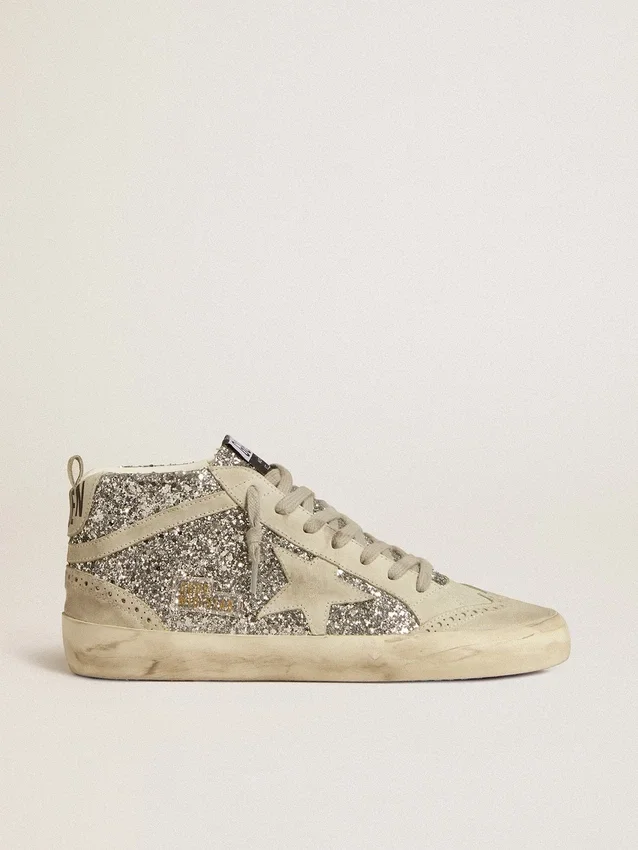 Mid Star in glitter argento con stella e striscia in pelle scamosciata grigio ghiaccio