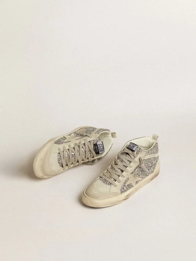 Mid Star in glitter argento con stella e striscia in pelle scamosciata grigio ghiaccio