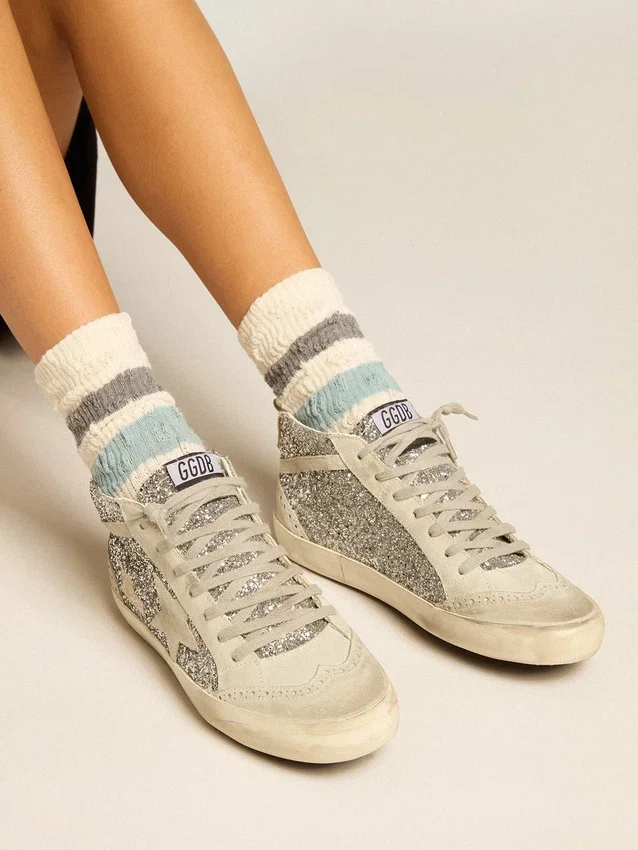 Mid Star in glitter argento con stella e striscia in pelle scamosciata grigio ghiaccio