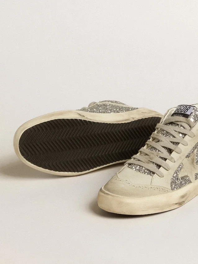Mid Star in glitter argento con stella e striscia in pelle scamosciata grigio ghiaccio