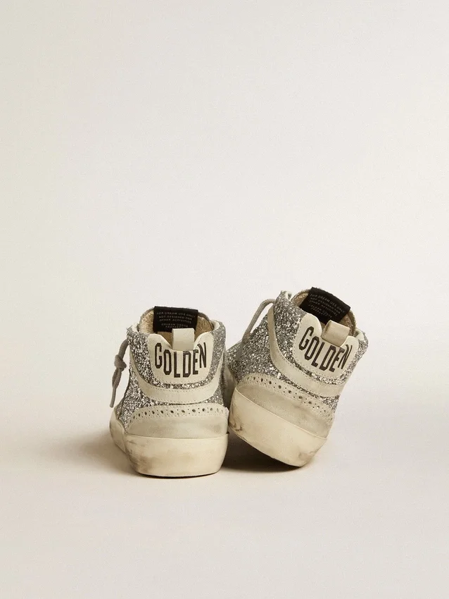 Mid Star in glitter argento con stella e striscia in pelle scamosciata grigio ghiaccio