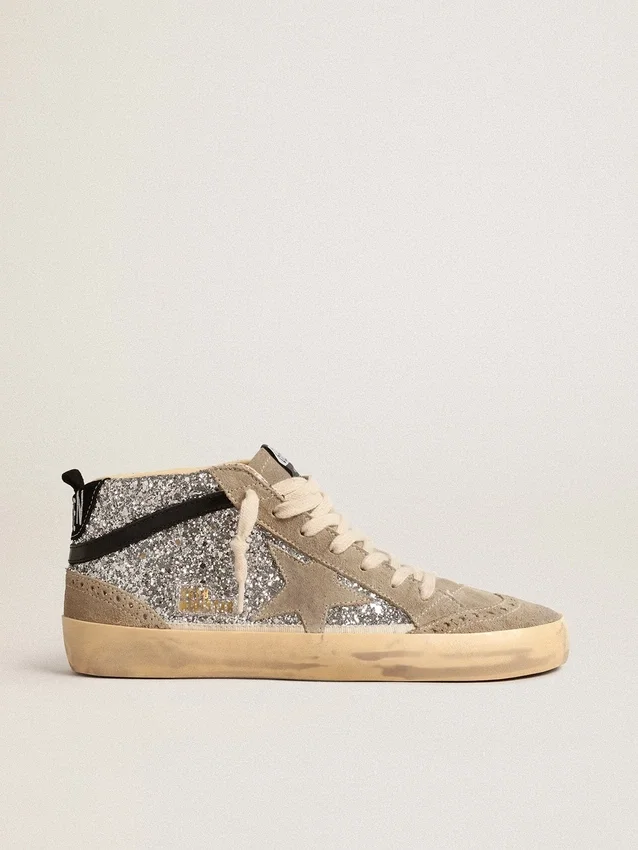 Mid Star in glitter argento con stella in pelle scamosciata e dettaglio nero