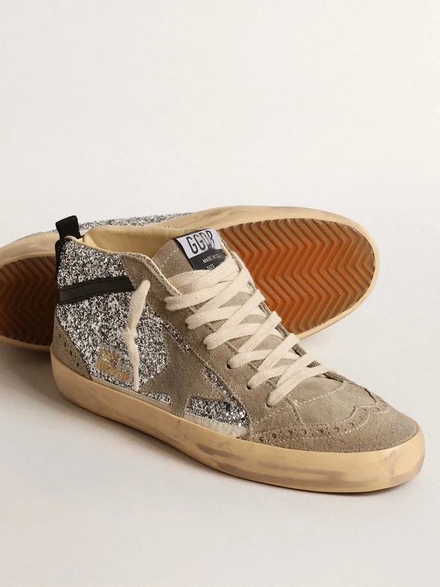 Mid Star in glitter argento con stella in pelle scamosciata e dettaglio nero