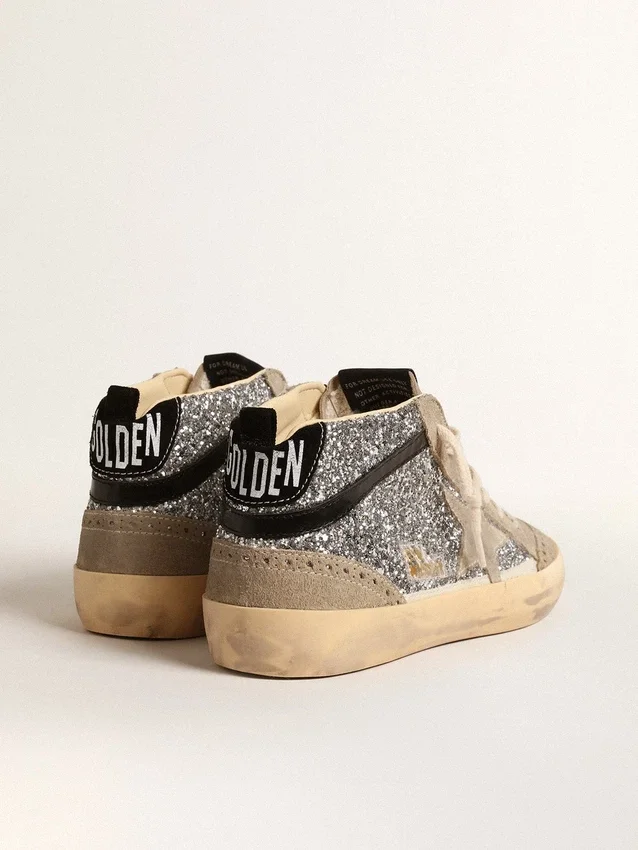 Mid Star in glitter argento con stella in pelle scamosciata e dettaglio nero