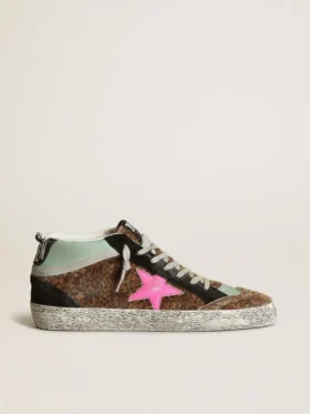 Mid Star in pelle di pony con stampa leopardata e stella in pelle fucsia