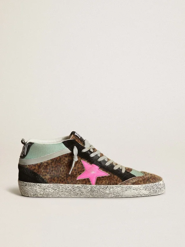 Mid Star in pelle di pony con stampa leopardata e stella in pelle fucsia