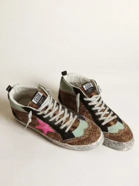 Mid Star in pelle di pony con stampa leopardata e stella in pelle fucsia