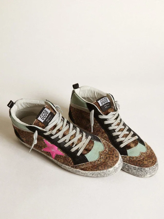 Mid Star in pelle di pony con stampa leopardata e stella in pelle fucsia