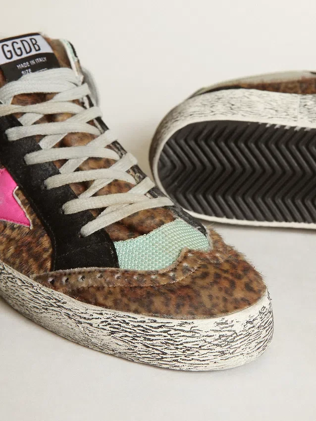 Mid Star in pelle di pony con stampa leopardata e stella in pelle fucsia