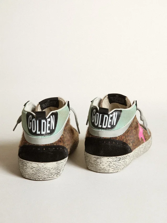 Mid Star in pelle di pony con stampa leopardata e stella in pelle fucsia