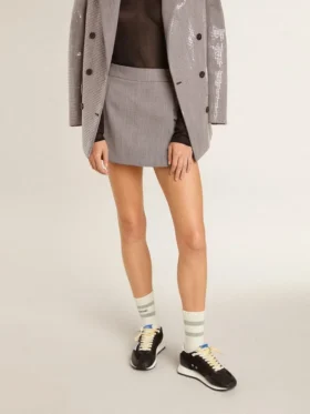 Mini shorts da donna grigi in lana a pied-de-poule