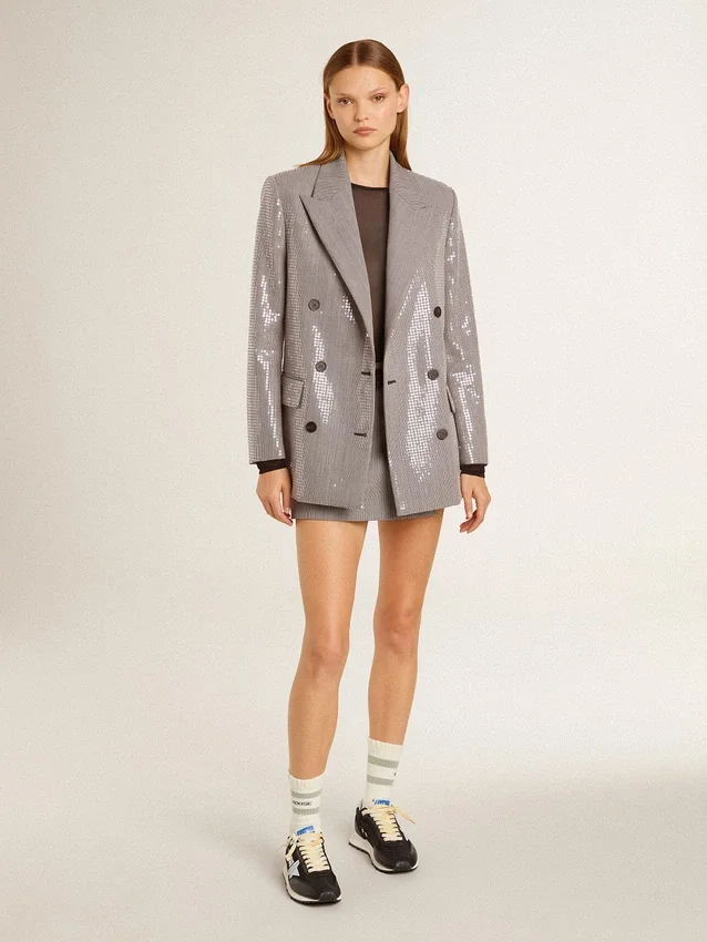 Mini shorts da donna grigi in lana a pied-de-poule