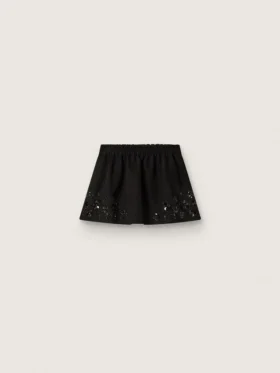 Minigonna da donna in twill di cotone nero con ricamo floreale in paillettes