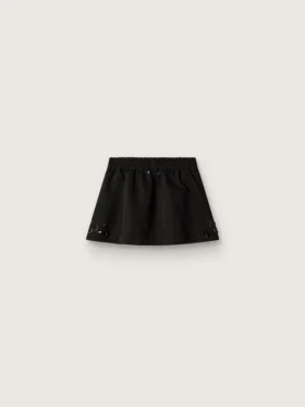 Minigonna da donna in twill di cotone nero con ricamo floreale in paillettes