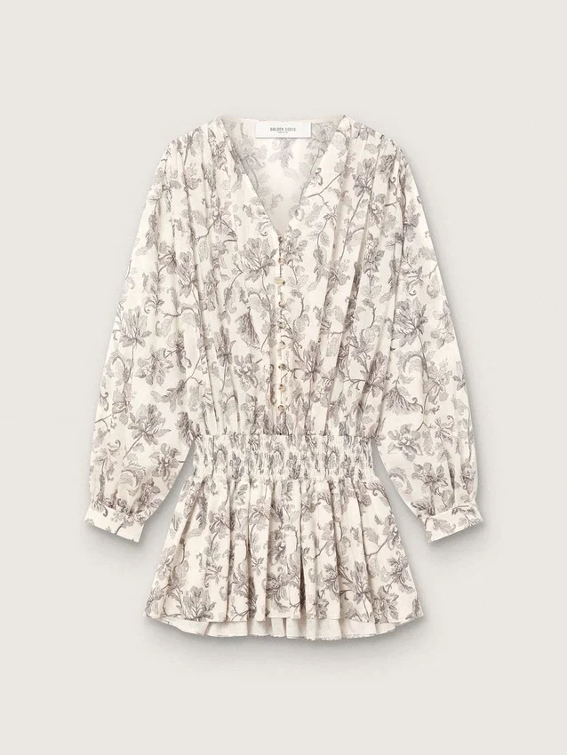 Minivestito da donna in cotone con stampa floreale in bianco e nero