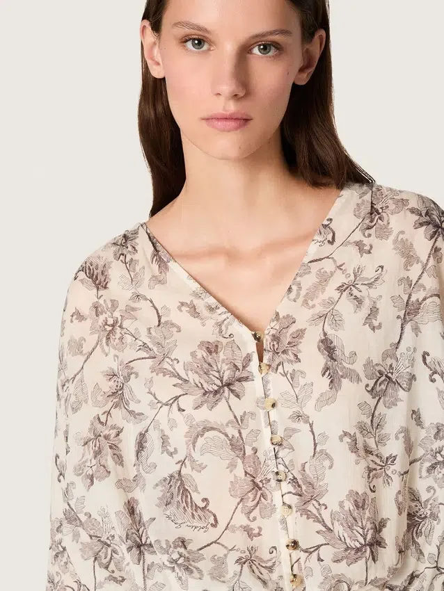 Minivestito da donna in cotone con stampa floreale in bianco e nero