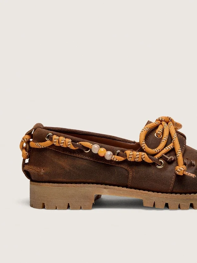 Mocassini Cruise da donna in pelle scamosciata cerata marrone con lacci da trekking grigio tortora