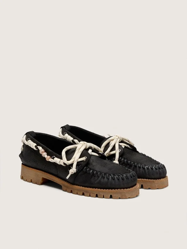 Mocassini Cruise da donna in pelle scamosciata cerata nera con lacci da trekking neri