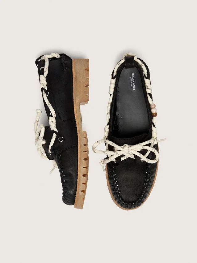 Mocassini Cruise da donna in pelle scamosciata cerata nera con lacci da trekking neri