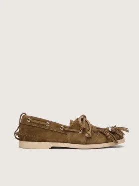 Mocassino da donna Cruise in pelle scamosciata color kaki con frange e perline multicolori
