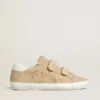 Old School da donna in pelle scamosciata beige con linguetta sul tallone in pelle bianca