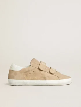 Old School da donna in pelle scamosciata beige con linguetta sul tallone in pelle bianca