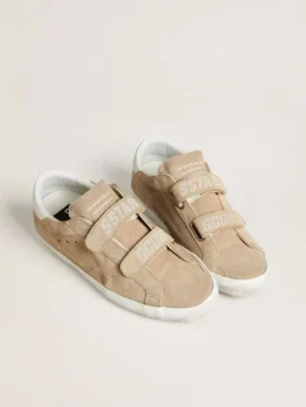 Old School da donna in pelle scamosciata beige con linguetta sul tallone in pelle bianca