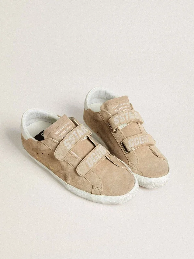 Old School da donna in pelle scamosciata beige con linguetta sul tallone in pelle bianca