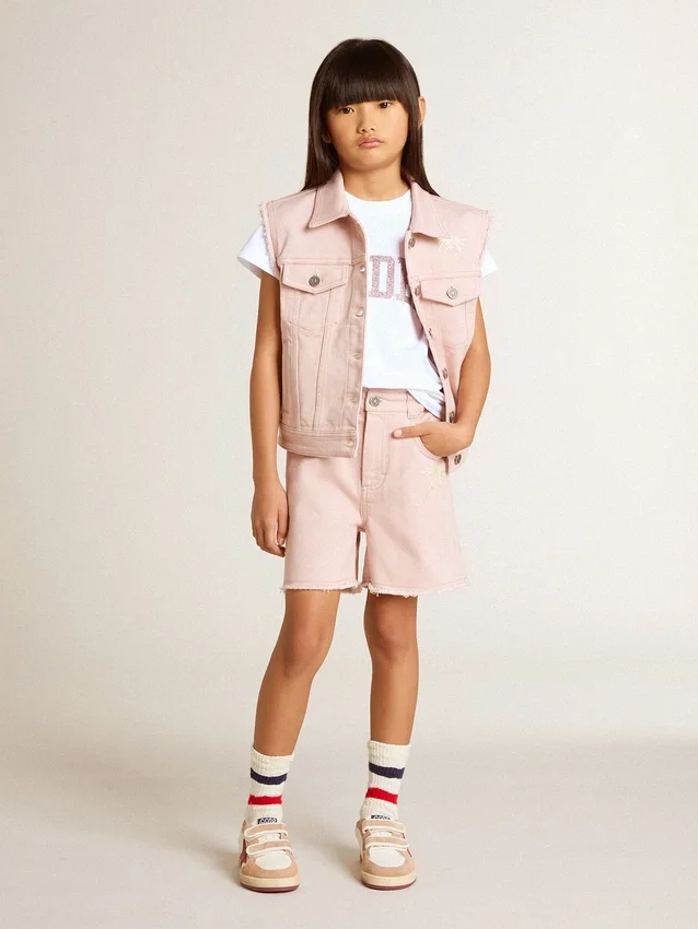 Pantaloncini da bambina in cotone rosa con ricami