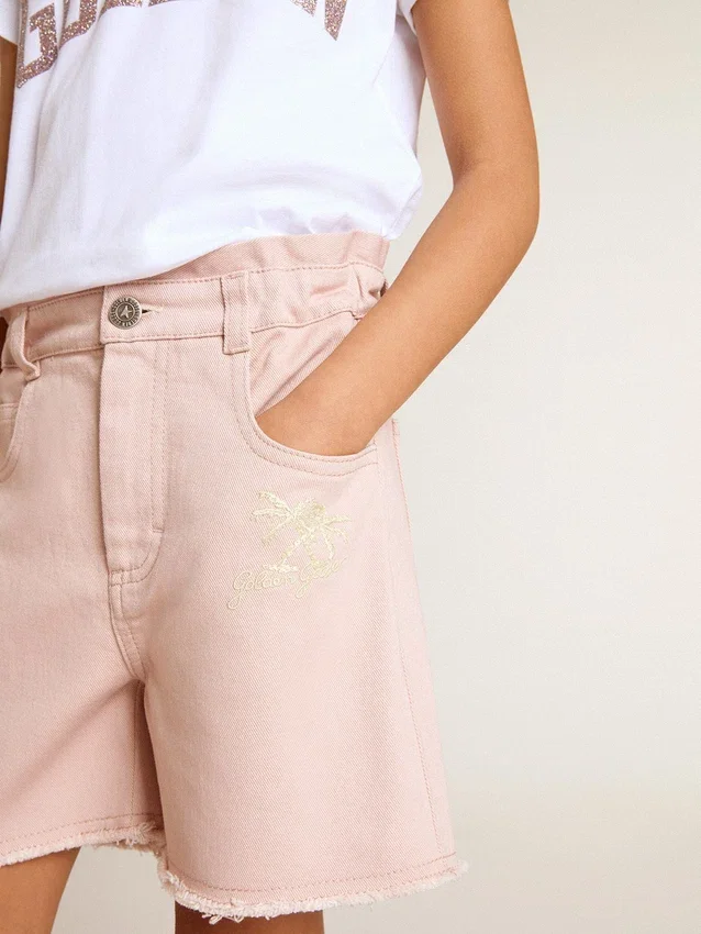 Pantaloncini da bambina in cotone rosa con ricami