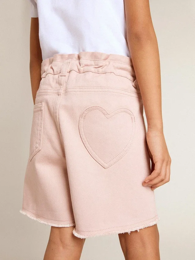 Pantaloncini da bambina in cotone rosa con ricami