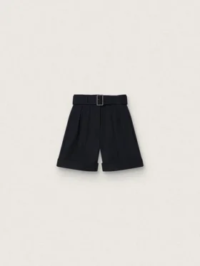 Pantaloncini da donna in gabardina di lana nera con cintura in vita