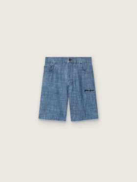 Pantaloncini unisex Journey in chambray di cotone azzurro con logo ricamato
