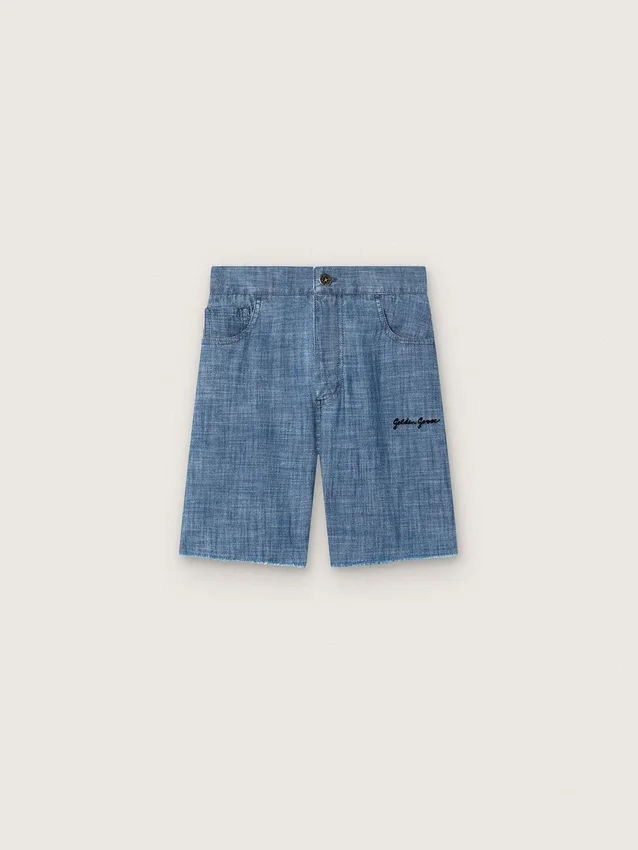 Pantaloncini unisex Journey in chambray di cotone azzurro con logo ricamato