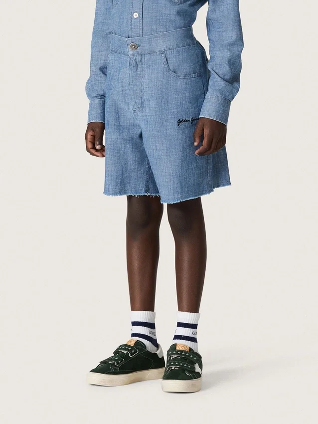 Pantaloncini unisex Journey in chambray di cotone azzurro con logo ricamato