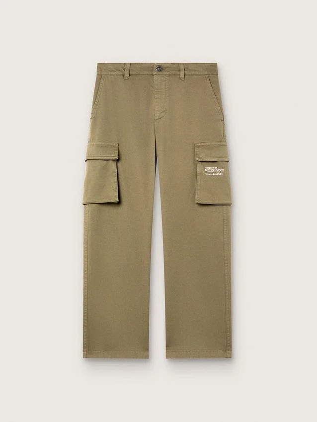Pantaloni cargo da bambino Journey in gabardina di cotone verde militare con stampa