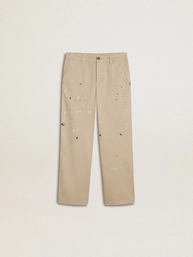 Pantaloni chino da bambino beige con tocchi multicolori