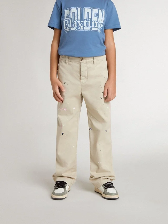 Pantaloni chino da bambino beige con tocchi multicolori