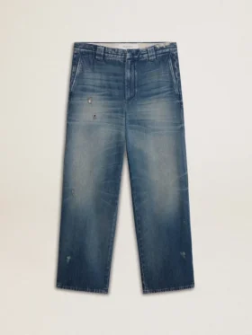 Pantaloni chino da uomo in denim con dettagli consumati