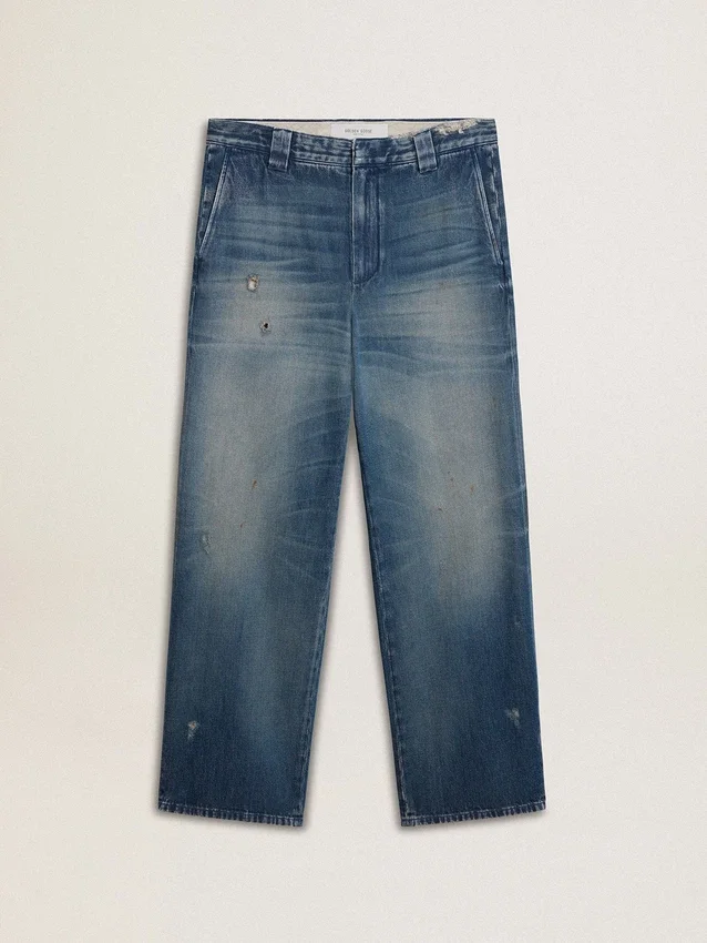 Pantaloni chino da uomo in denim con dettagli consumati