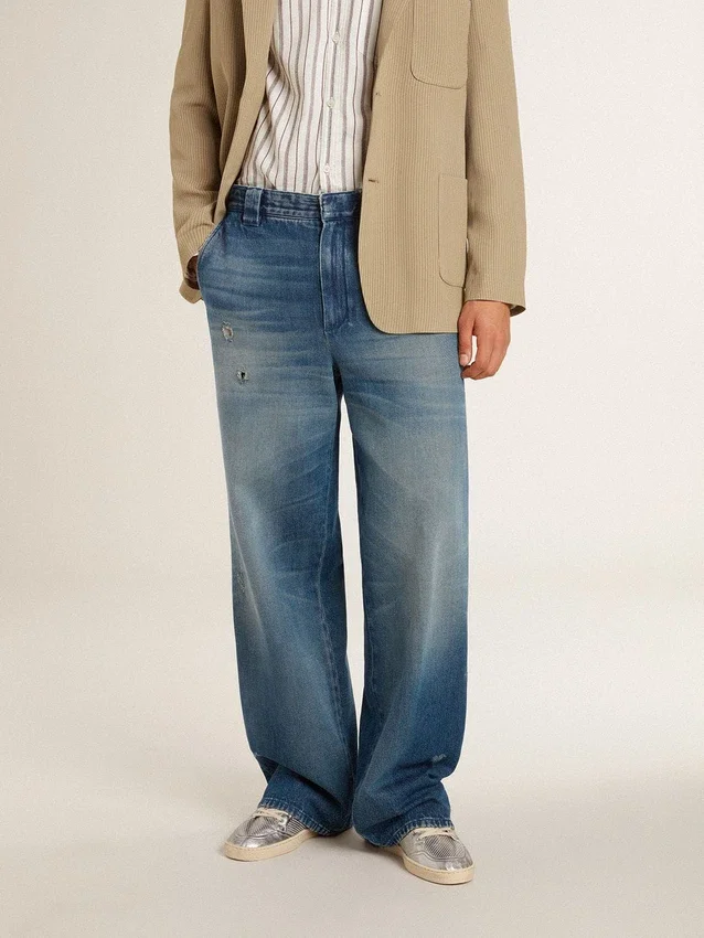 Pantaloni chino da uomo in denim con dettagli consumati